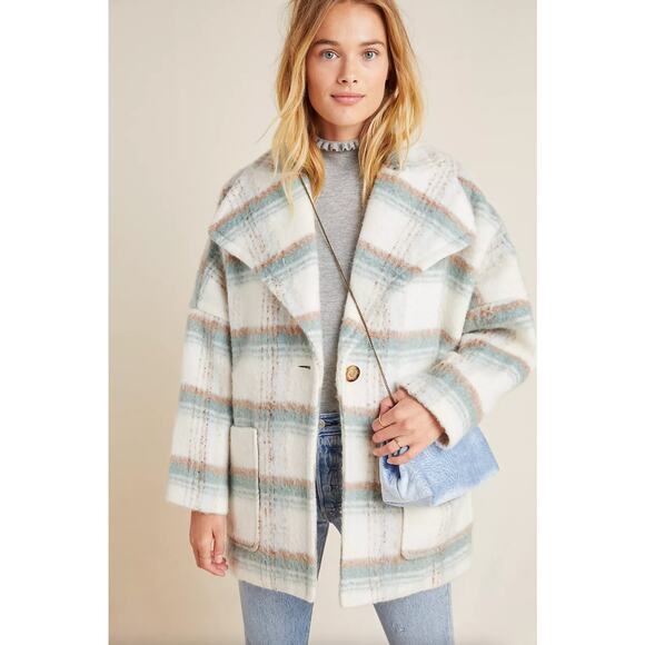 ANTHROPOLOGIE Elsa Plaid Coat Jacket Wool Ivory Teal Tan - Picture 2 of 9